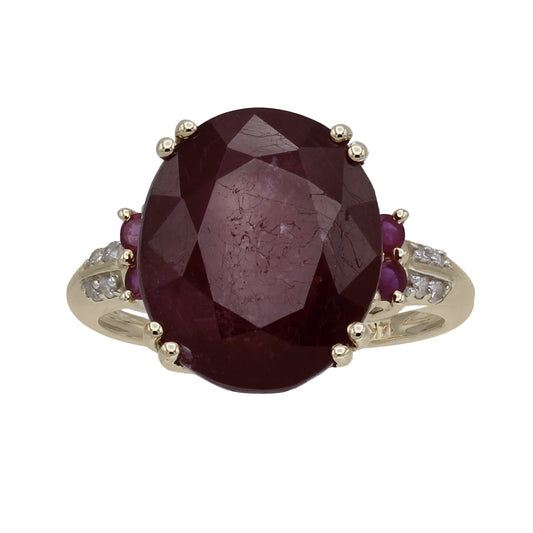 14k Yellow Gold Diamond & Oval Shaped Ruby Ring - 0.08ct TDW