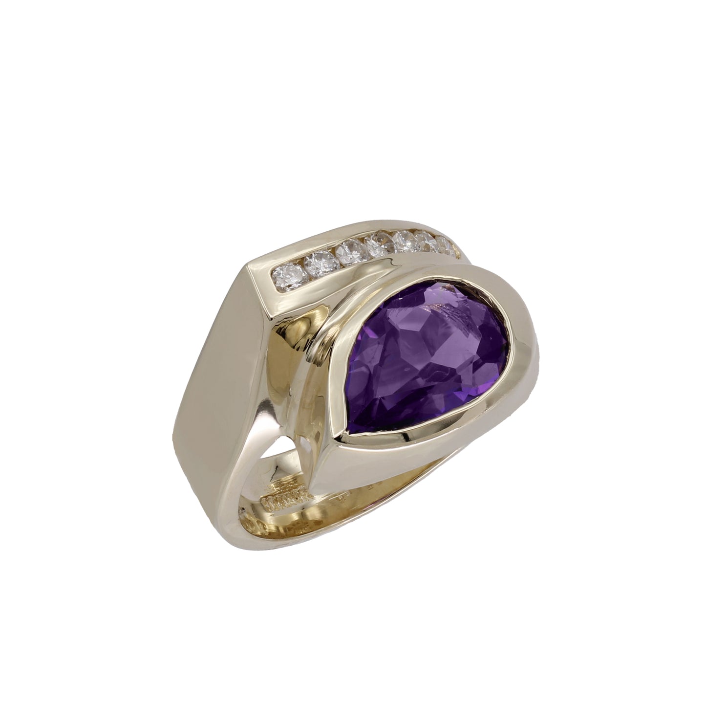 14k Yellow Gold Pear-Cut Amethyst Quartz Stone & Diamond Ring