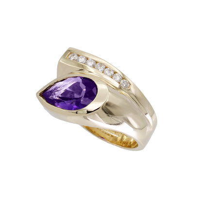 14k Yellow Gold Pear-Cut Amethyst Quartz Stone & Diamond Ring