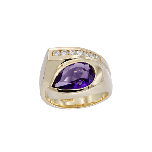 14k Yellow Gold Pear-Cut Amethyst Quartz Stone & Diamond Ring