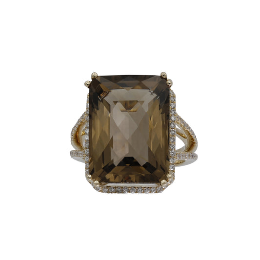 14k Yellow Gold Briolette-Cut Rectangle Shape Smoky Topaz Quartz & Diamond Ring