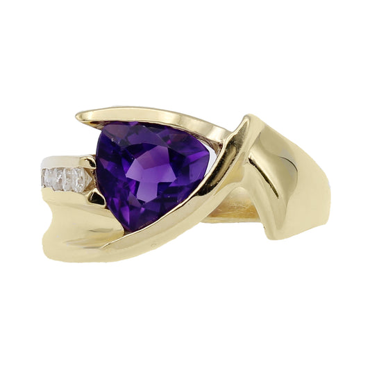 14k Yellow Gold Diamond & Amethyst Fancy Style Ring - 0.15ct TDW