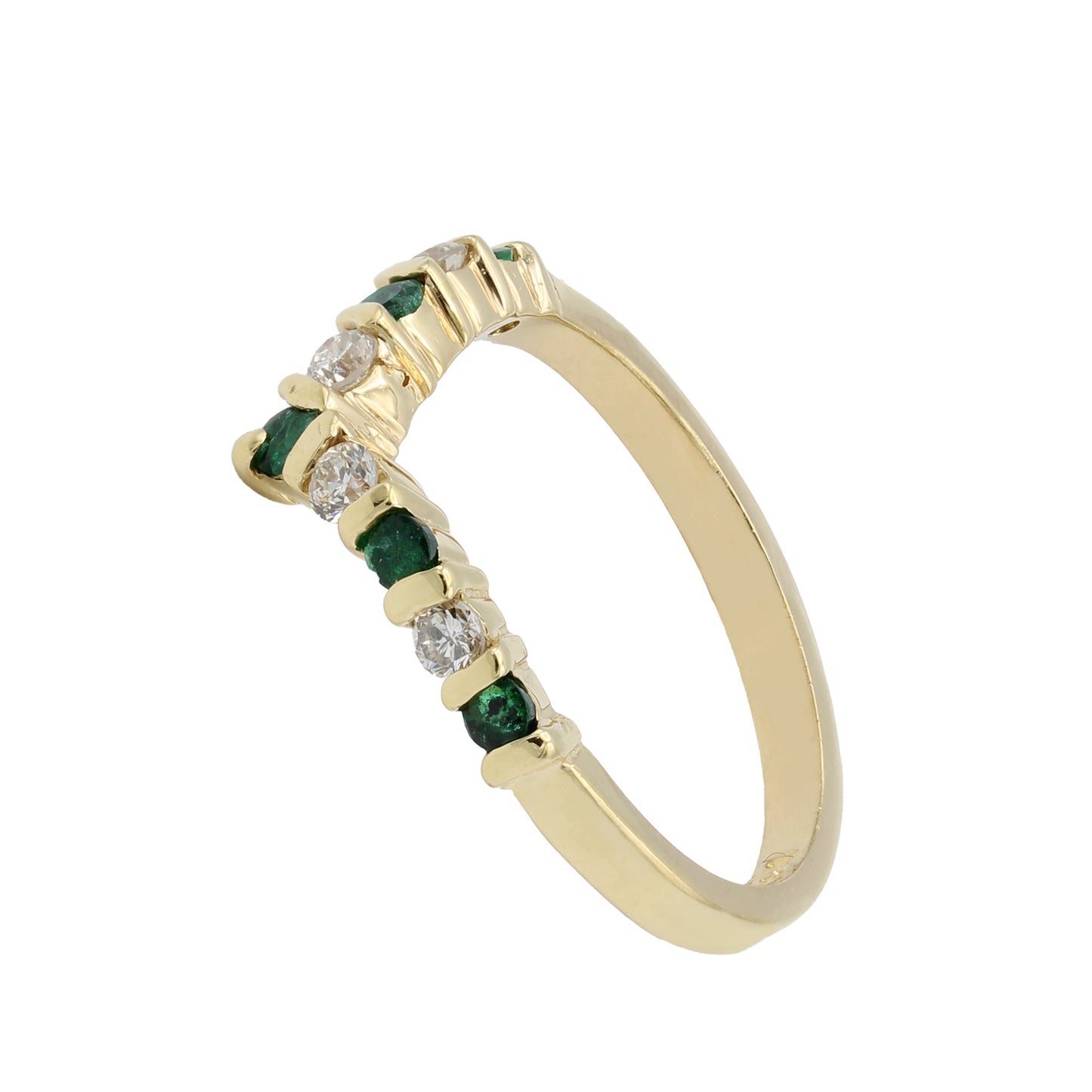 14k Yellow Gold Diamond & Emerald V Shape Band Style Ring - 0.12ct TDW