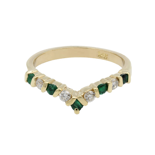 14k Yellow Gold Diamond & Emerald V Shape Band Style Ring - 0.12ct TDW