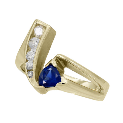 14k Yellow Gold Polished & Brushed Diamond & Trillion-Cut Sapphire Ring - 0.20ct TDW