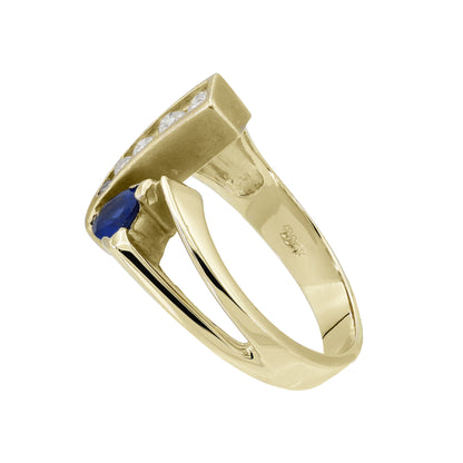 14k Yellow Gold Polished & Brushed Diamond & Trillion-Cut Sapphire Ring - 0.20ct TDW