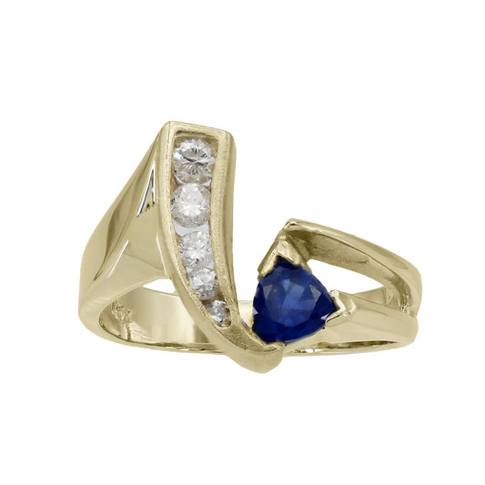 14k Yellow Gold Polished & Brushed Diamond & Trillion-Cut Sapphire Ring - 0.20ct TDW