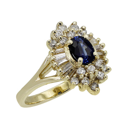 14k Yellow Gold Diamond & Oval Shape Sapphire Cocktail Style Ring - 0.48ct TDW