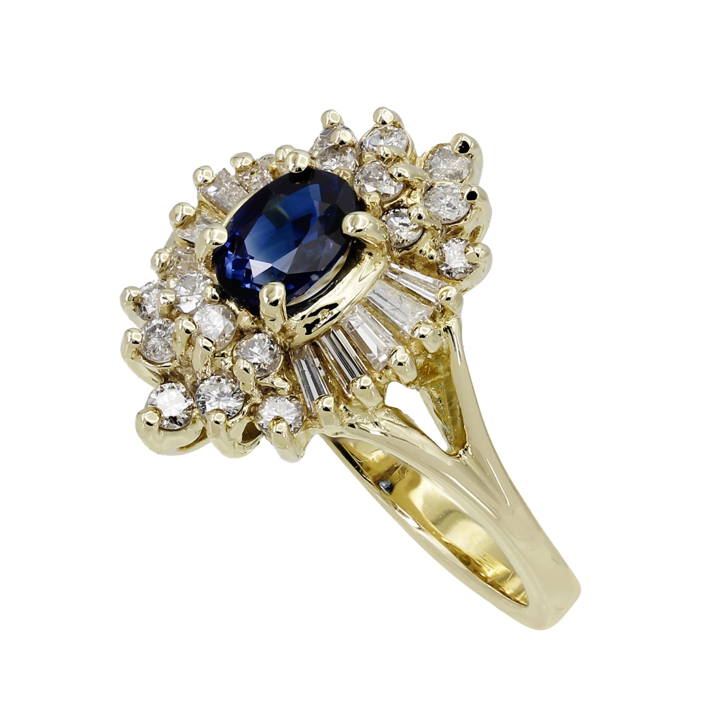 14k Yellow Gold Diamond & Oval Shape Sapphire Cocktail Style Ring - 0.48ct TDW