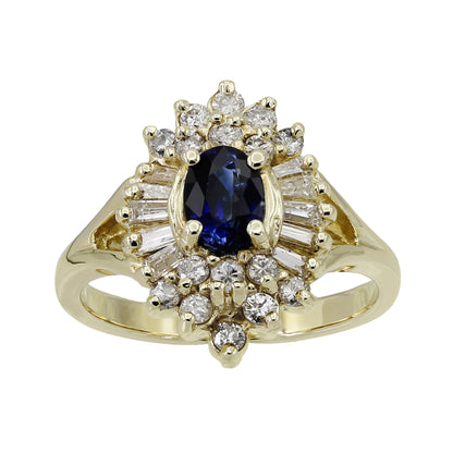 14k Yellow Gold Diamond & Oval Shape Sapphire Cocktail Style Ring - 0.48ct TDW