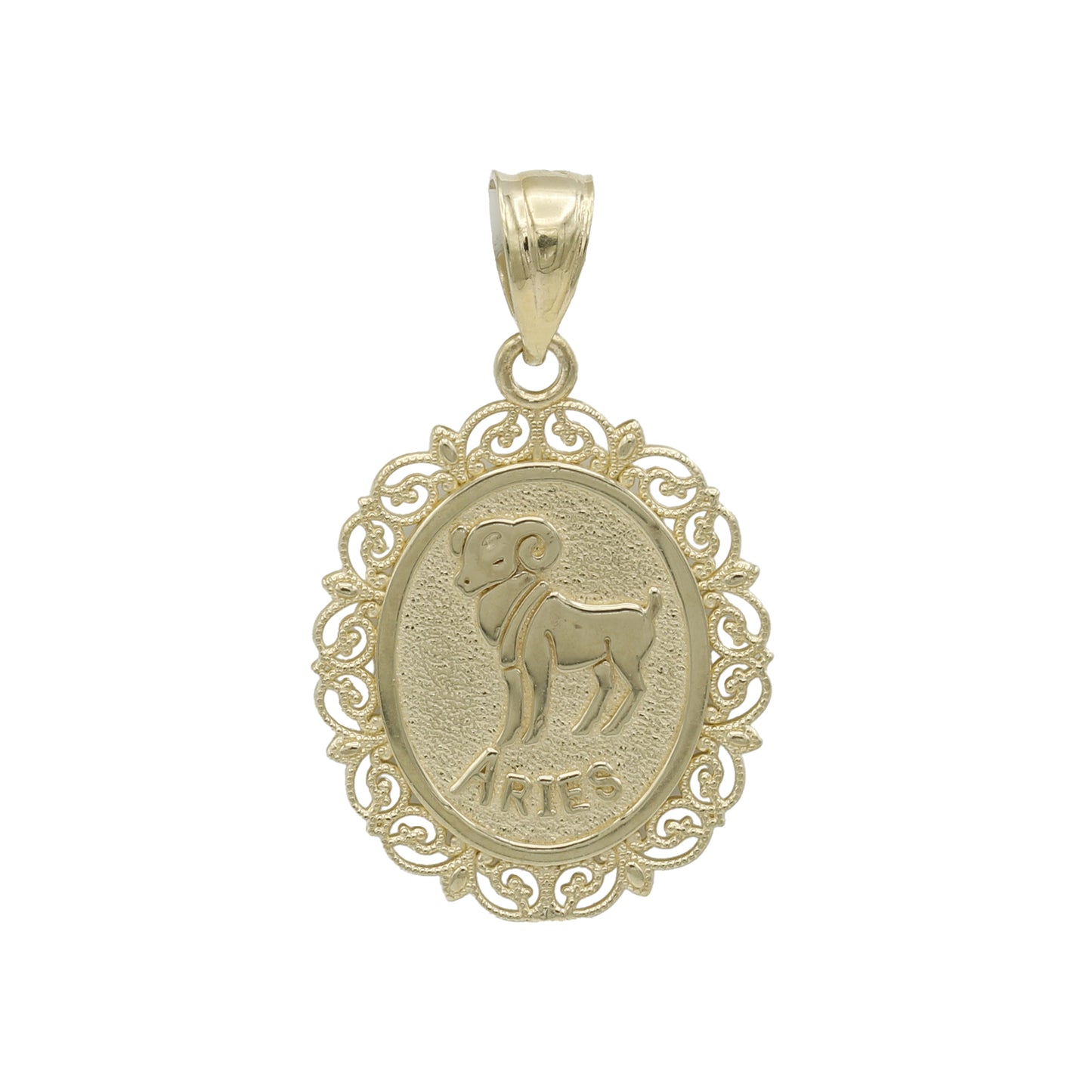 14k Yellow Gold Oval Filigree Frame Aries Zodiac Charm - Mar 23 - Apr 19