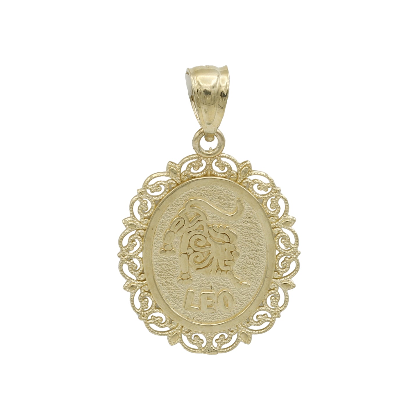 14k Yellow Gold Oval Filigree Frame Leo Zodiac Charm - July 23 - Aug 22