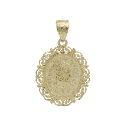 14k Yellow Gold Oval Filigree Frame Leo Zodiac Charm - July 23 - Aug 22