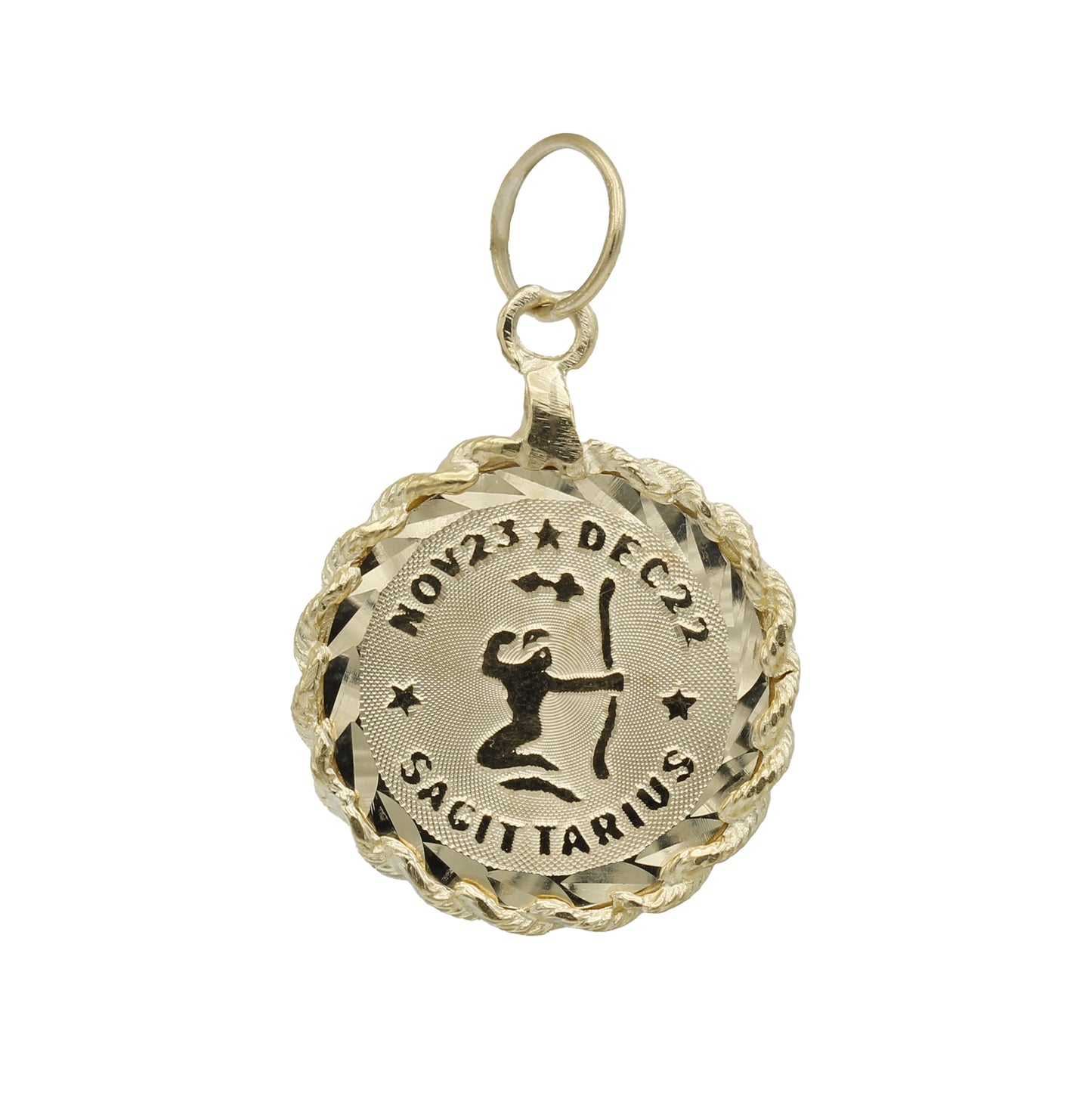 14k Yellow Gold Sagittarius Zodiac Rope Frame Disc Charm - Nov 22 - Dec 21