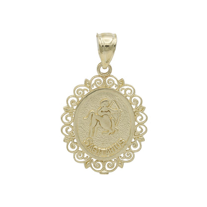 14k Yellow Gold Oval Filigree Frame Sagittarius Zodiac Charm - Nov 22 - Dec 21