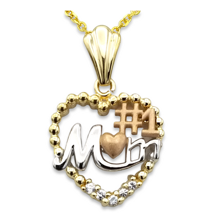 14k Tri-Color CZ Mom Heart Charm