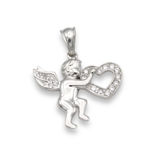 14k White CZ Angel Pendant