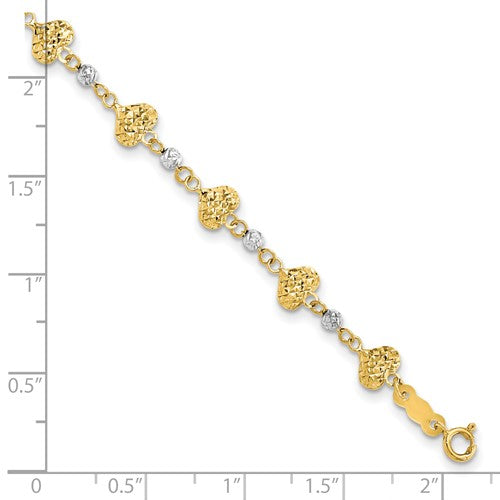 14k Two-Tone Diamond-Cut Puffed Heart Bracelet