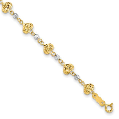 14k Two-Tone Diamond-Cut Puffed Heart Bracelet