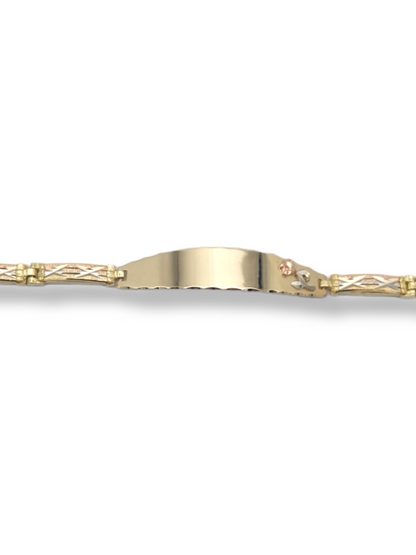 14k Tri-Color Fancy Diamond-Cut Link w/ Rose ID Bracelet