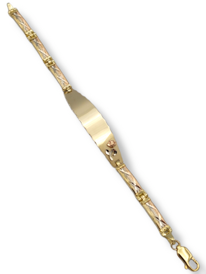 14k Tri-Color Fancy Diamond-Cut Link w/ Rose ID Bracelet