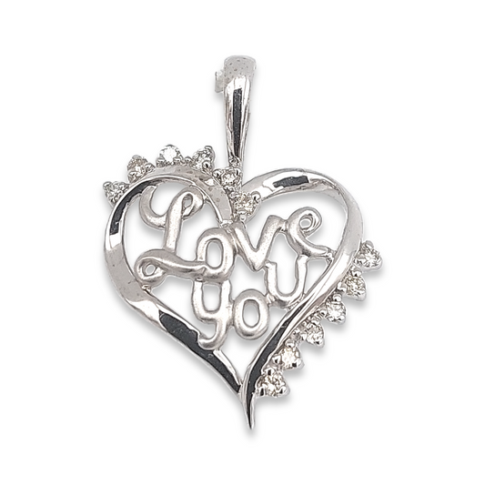 14k White Diamond Love You Heart Pendant