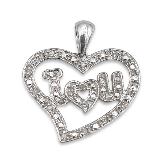 14k White Diamond I Love You Heart Pendant