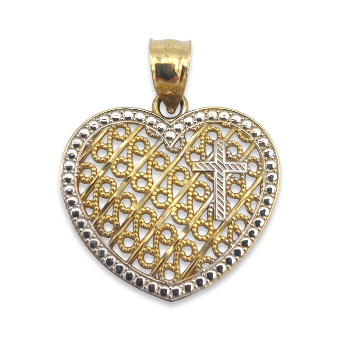 14k Two-Tone Filigree Heart w/ Cross Pendant