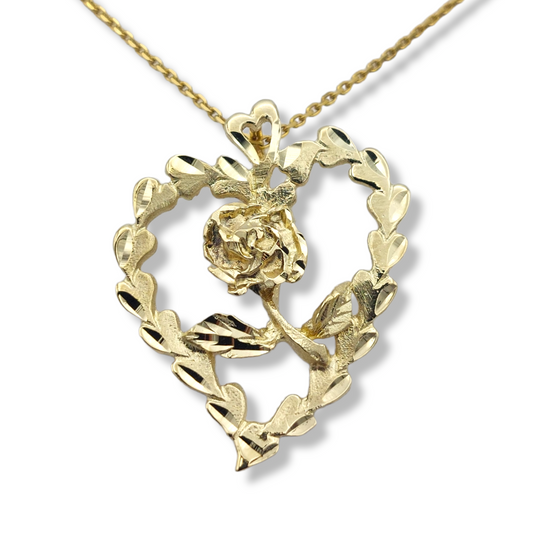 14k Diamond-Cut Heart w/ Rose Charm