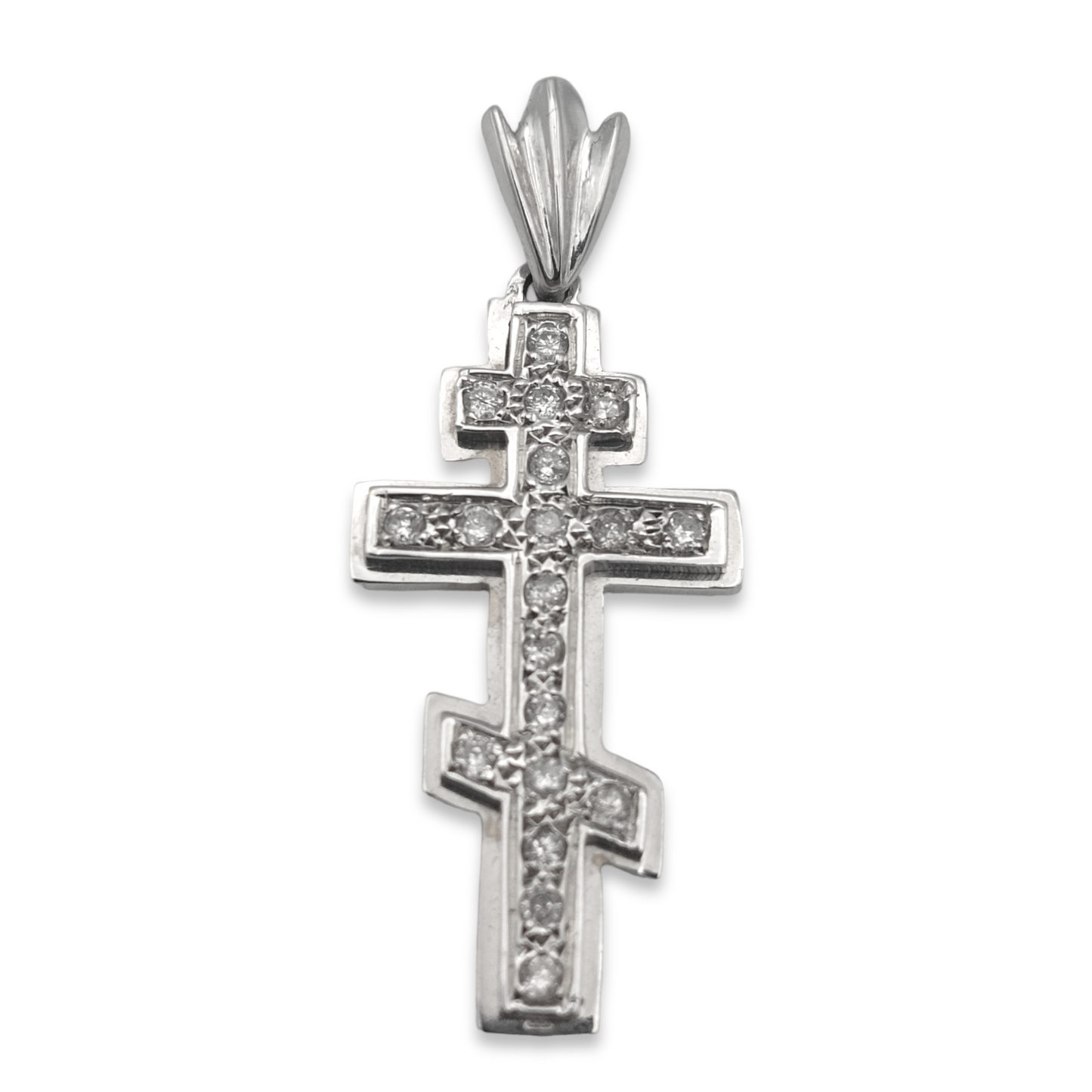 14k White Diamond Eastern Orthodox Cross Pendant Golden Eagle of
