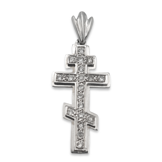 14k White Diamond Eastern Orthodox Cross Pendant