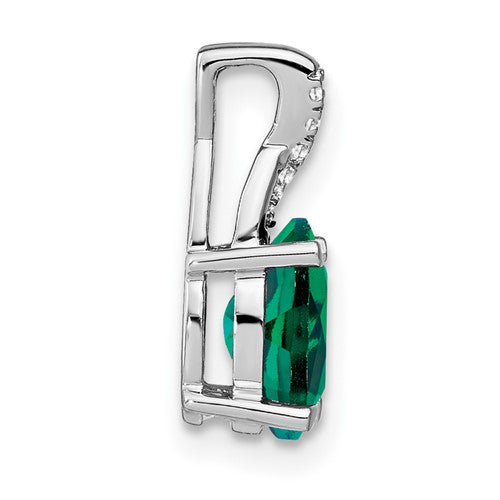 14k White Gold Oval Lab Created Emerald and Diamond Pendant