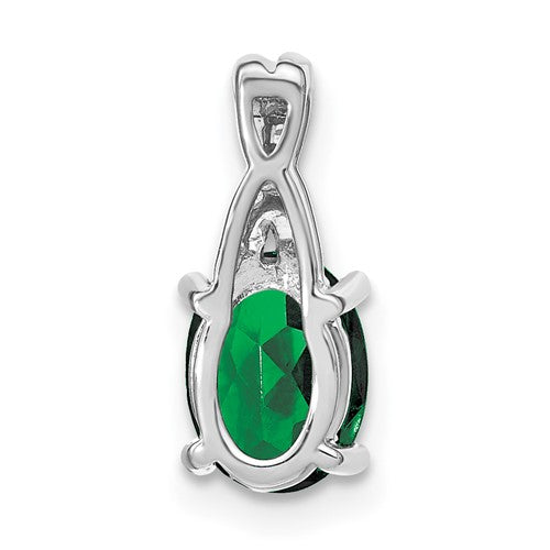 14k White Gold Oval Lab Created Emerald and Diamond Pendant