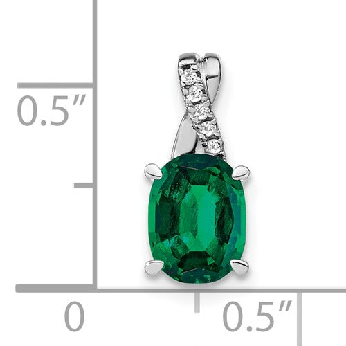 14k White Gold Oval Lab Created Emerald and Diamond Pendant