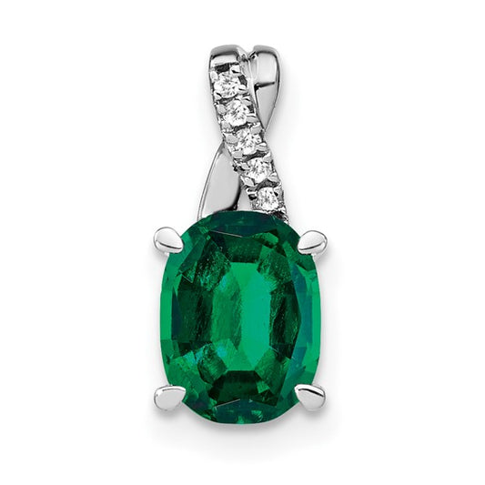 14k White Gold Oval Lab Created Emerald and Diamond Pendant