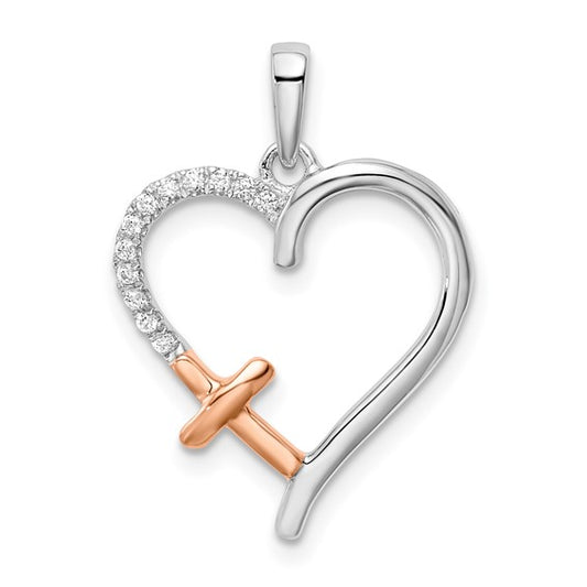 14k Two-Tone Diamond Heart with Cross Pendant