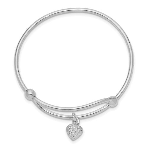 Sterling Silver Rhodium Plated Diamond Cut Heart Baby Bangle