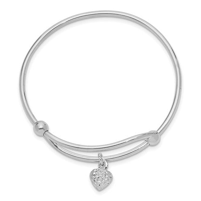 Sterling Silver Rhodium Plated Diamond Cut Heart Baby Bangle