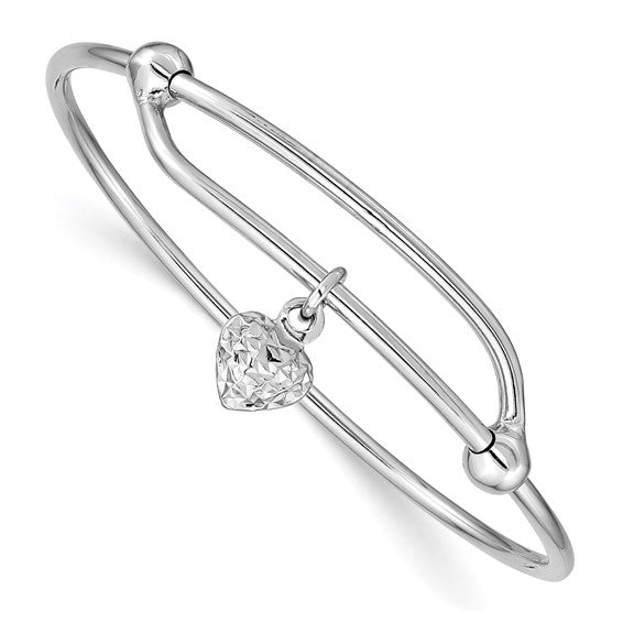 Sterling Silver Rhodium Plated Diamond Cut Heart Baby Bangle