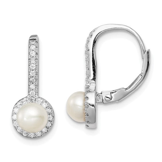 Sterling Silver CZ & Pearl Lever-Back Earrings