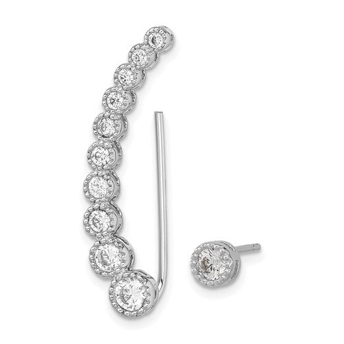 Sterling Silver Rhodium Plated CZ 1 Ear Climber & 1 Stud Earrings