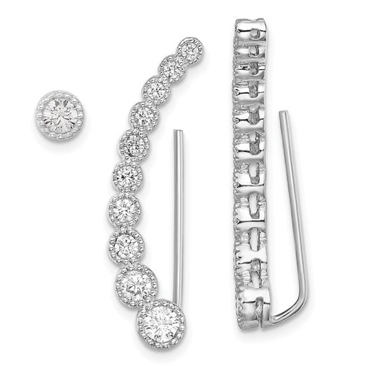 Sterling Silver Rhodium Plated CZ 1 Ear Climber & 1 Stud Earrings