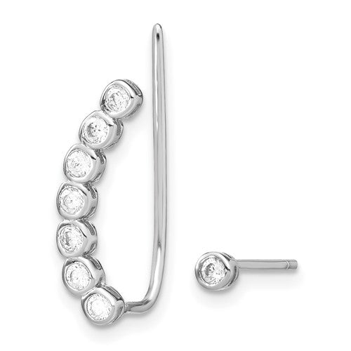 Sterling Silver Rhodium Plated CZ 1 Ear Climber & 1 Stud Earrings