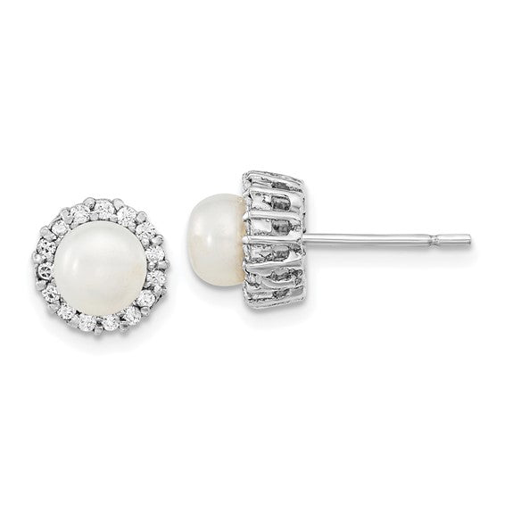 Sterling Silver CZ & Pearl Post Earrings