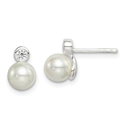 Sterling Silver Pearl & CZ Post Earrings