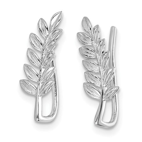 Sterling Silver Rhodium-Plated Leaf Ear Climber Earrings