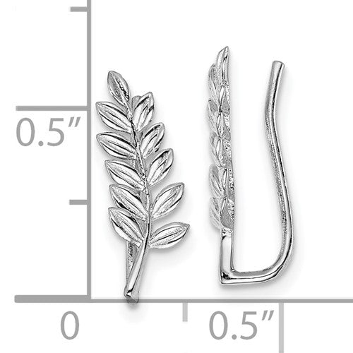 Sterling Silver Rhodium-Plated Leaf Ear Climber Earrings