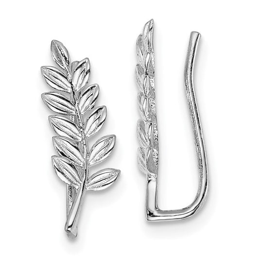 Sterling Silver Rhodium-Plated Leaf Ear Climber Earrings