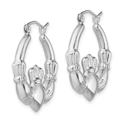 Sterling Silver Rhodium Plated Claddagh Semi-Solid Hoop Earrings