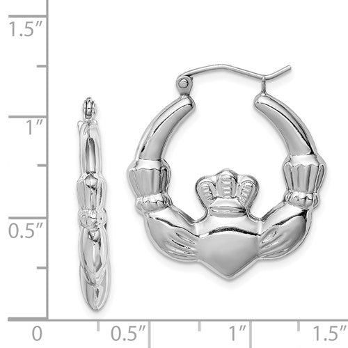 Sterling Silver Rhodium Plated Claddagh Semi-Solid Hoop Earrings